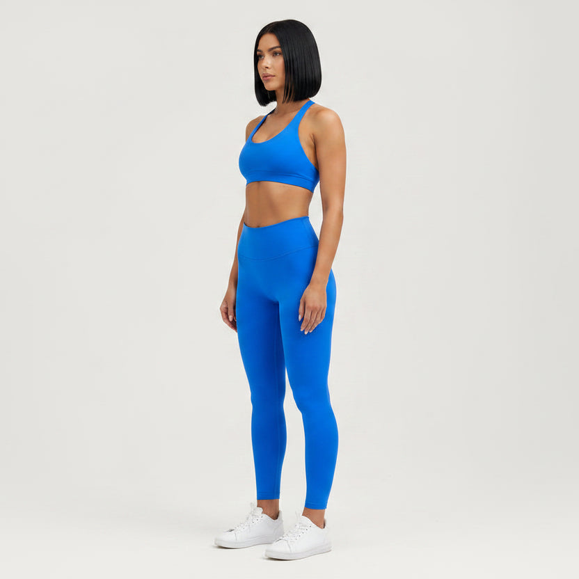 Blue women’s seamless halter sports bra front angle for fitness training - AresFit