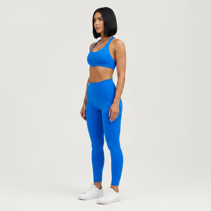 Blue women’s seamless halter sports bra front angle for fitness training - AresFit