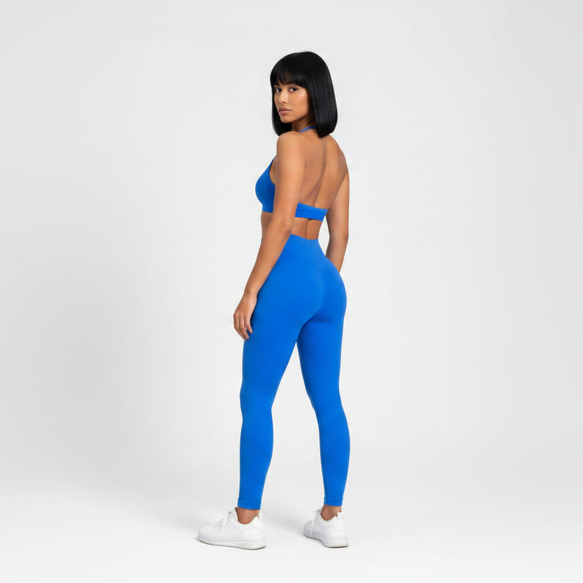 Bright blue women’s seamless halter sports bra for gym and activewear workouts - AresFit