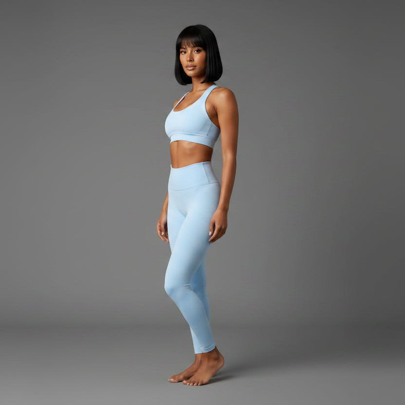 Women’s light blue seamless halter sports bra with breathable stretch fabric - AresFit