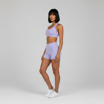 Light purple women’s seamless halter sports bra with lightweight activewear fit - AresFit