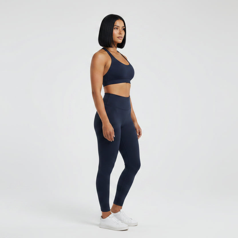Women’s navy seamless halter sports bra front view for yoga and fitness training - AresFit
