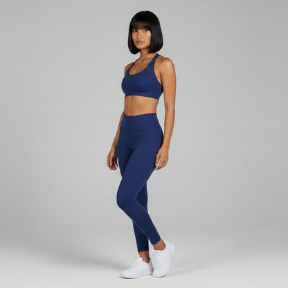 Navy women’s seamless halter sports bra side view for fitness and cardio - AresFit