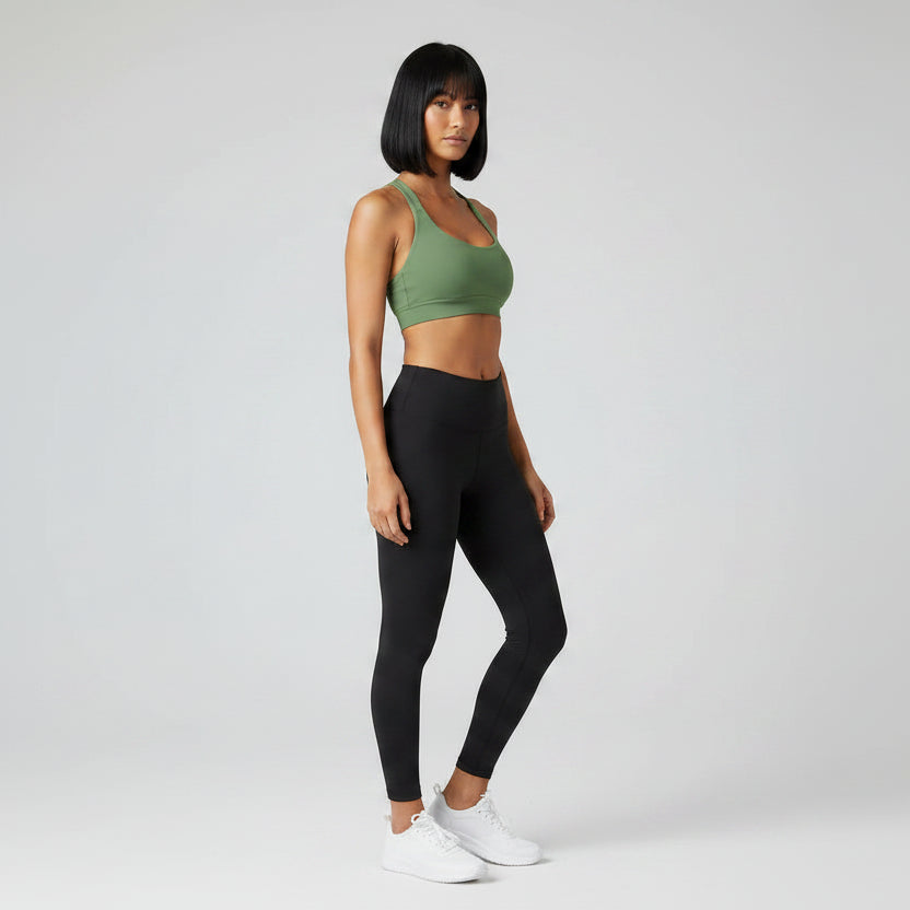 Women’s olive seamless halter sports bra front view for yoga and gym training - AresFit
