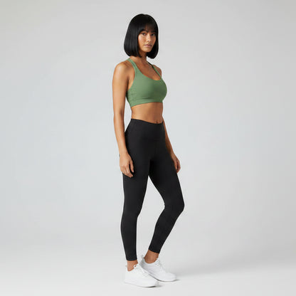 Women’s olive seamless halter sports bra front view for yoga and gym training - AresFit
