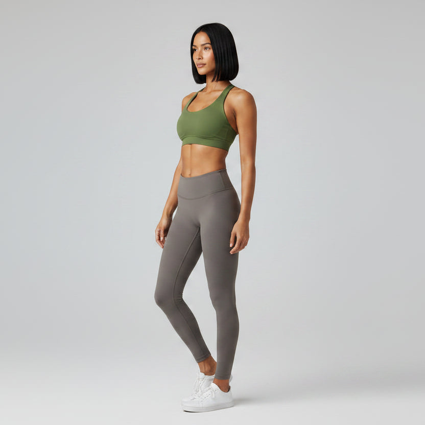 Women’s olive seamless halter sports bra front view for gym training - AresFit