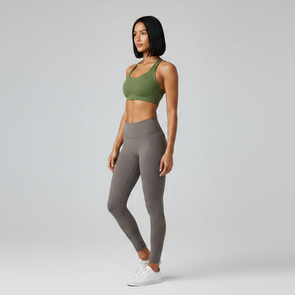 Women’s olive seamless halter sports bra front view for gym training - AresFit