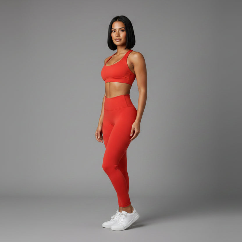 Women’s red seamless halter sports bra front view for cardio and fitness training - AresFit