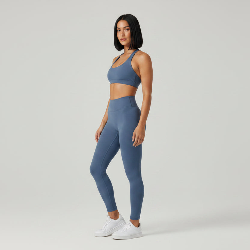 Slate blue women’s seamless halter sports bra with stretch activewear fit - AresFit
