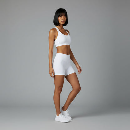White women’s seamless halter sports bra front view for gym and yoga workouts - AresFit