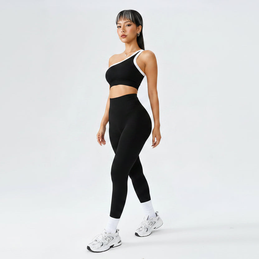 Women’s black seamless leggings set with supportive sports bra - AresFit