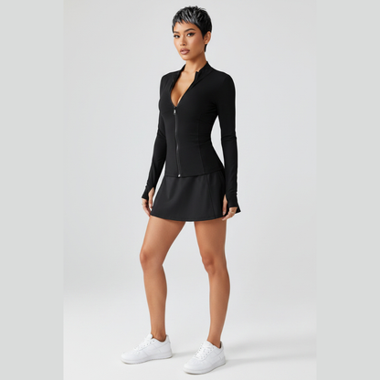 Women’s black slim fit zip up gym jacket with sculpting workout fit - AresFit