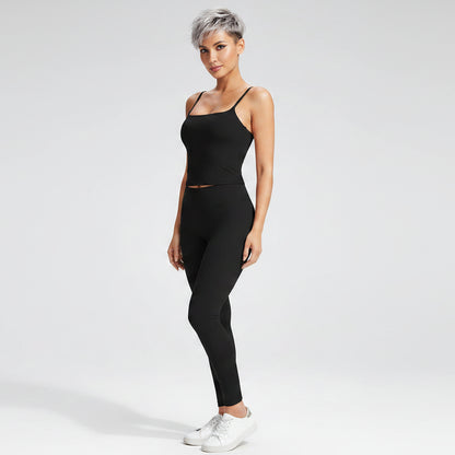 Side view of women’s black square neck gym top with breathable workout fit - AresFit