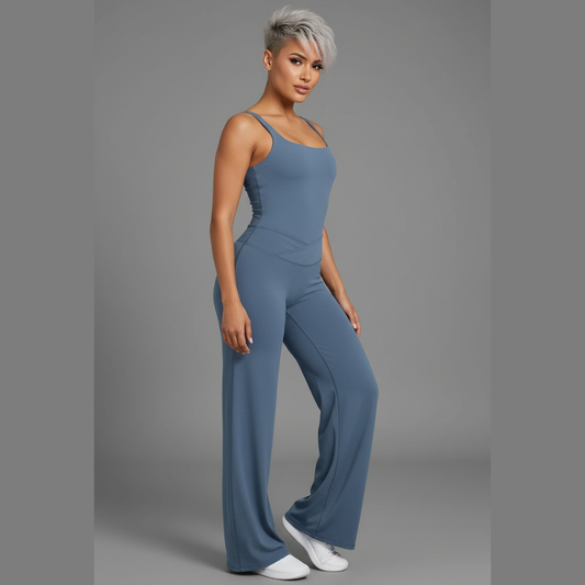 Women’s blue square neck gym top with built in bra and wide leg activewear fit - AresFit