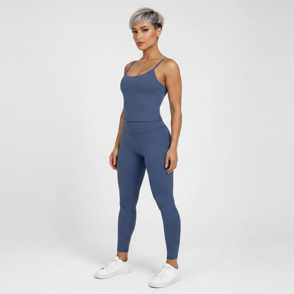 Side view of women’s blue square neck gym top with wide leg activewear pants - AresFit