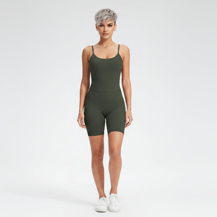 Side view of women’s green square neck gym top with open back detail - AresFit
