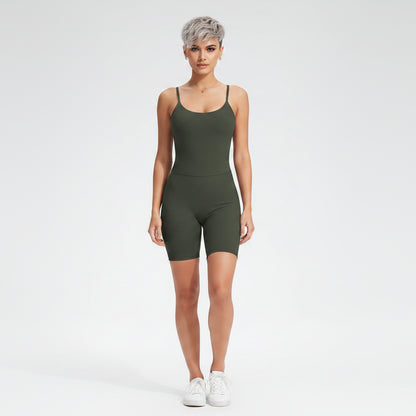 Side view of women’s green square neck gym top with open back detail - AresFit