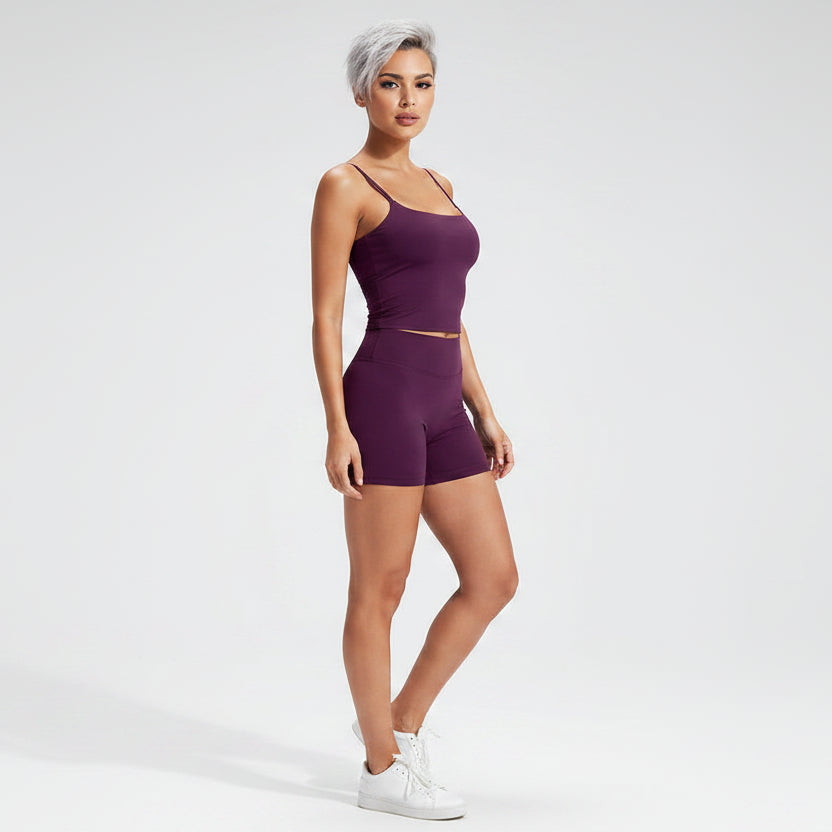 Women’s purple square neck gym top with fitted seamless activewear style - AresFit