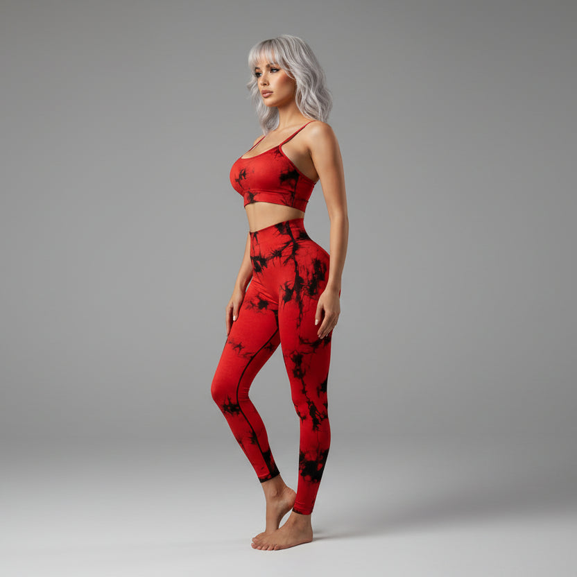 Women's red tie dye sports bra and leggings gym set - AresFit