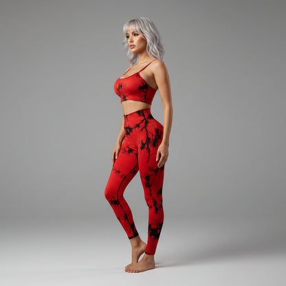 Women's red tie dye sports bra and leggings gym set - AresFit