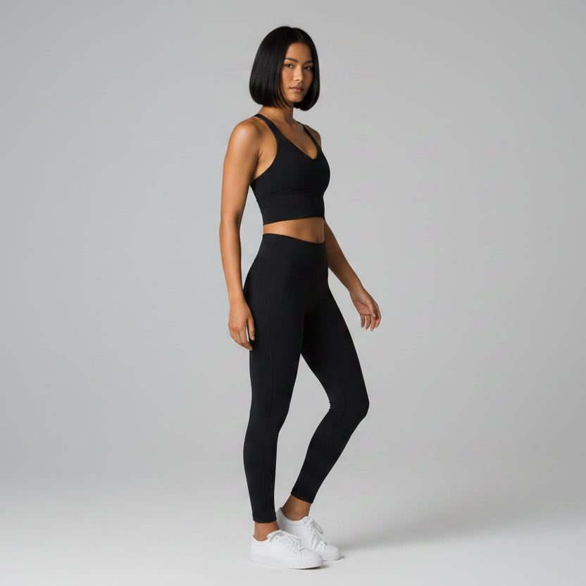 Black women’s U-back sports bra front view for gym and fitness sessions - AresFit
