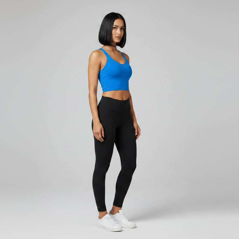 Blue and black women’s U-back sports bra side profile with stretch support - AresFit