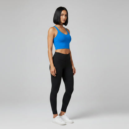 Blue and black women’s U-back sports bra side profile with stretch support - AresFit
