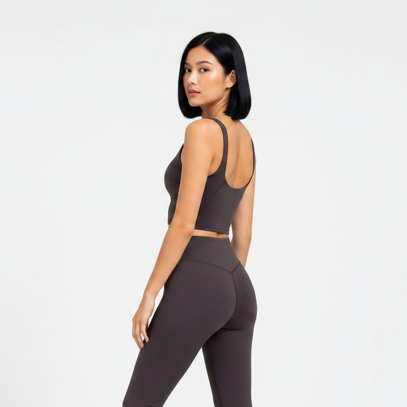 Women’s brown U-back sports bra rear view with breathable stretch fit - AresFit