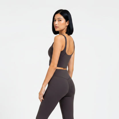 Women’s brown U-back sports bra rear view with breathable stretch fit - AresFit