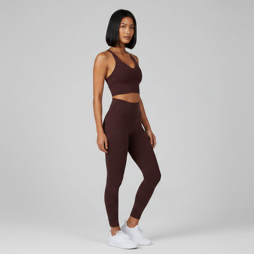 Brown women’s breathable U-back sports bra front view for activewear training - AresFit