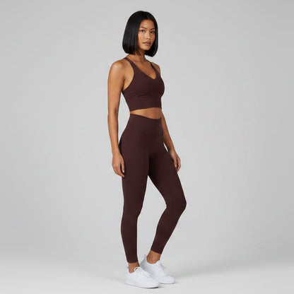 Brown women’s breathable U-back sports bra front view for activewear training - AresFit