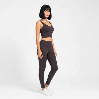 Brown women’s U-back gym sports bra side profile for yoga and activewear - AresFit
