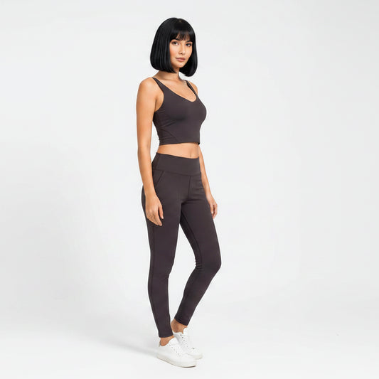 Brown women’s U-back gym sports bra side profile for yoga and activewear - AresFit