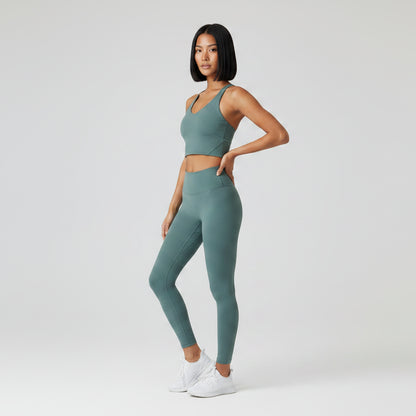 Mint green women’s U-back sports bra side profile with stretch athletic fit - AresFit