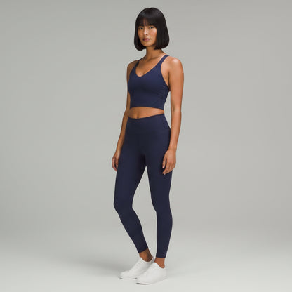 Women’s navy U-back sports bra front view for yoga and gym workouts - AresFit