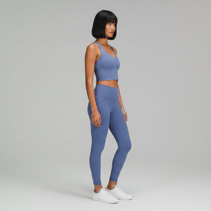 Women’s slate blue U-back sports bra front view for gym and cardio workouts - AresFit