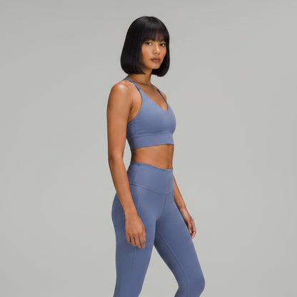Women’s slate blue U-back gym sports bra side view with lightweight fit - AresFit