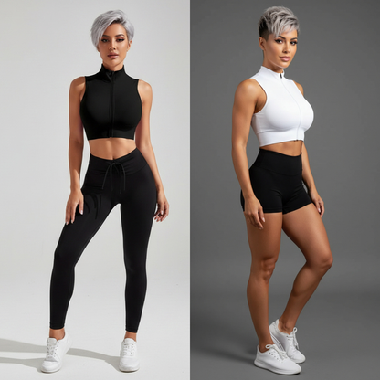 Women’s zip front crop top set featuring black leggings and white shorts activewear styles - AresFit