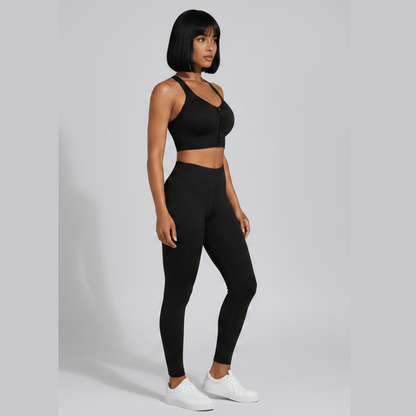 Black women’s high support gym sports bra side profile with breathable stretch fabric - AresFit