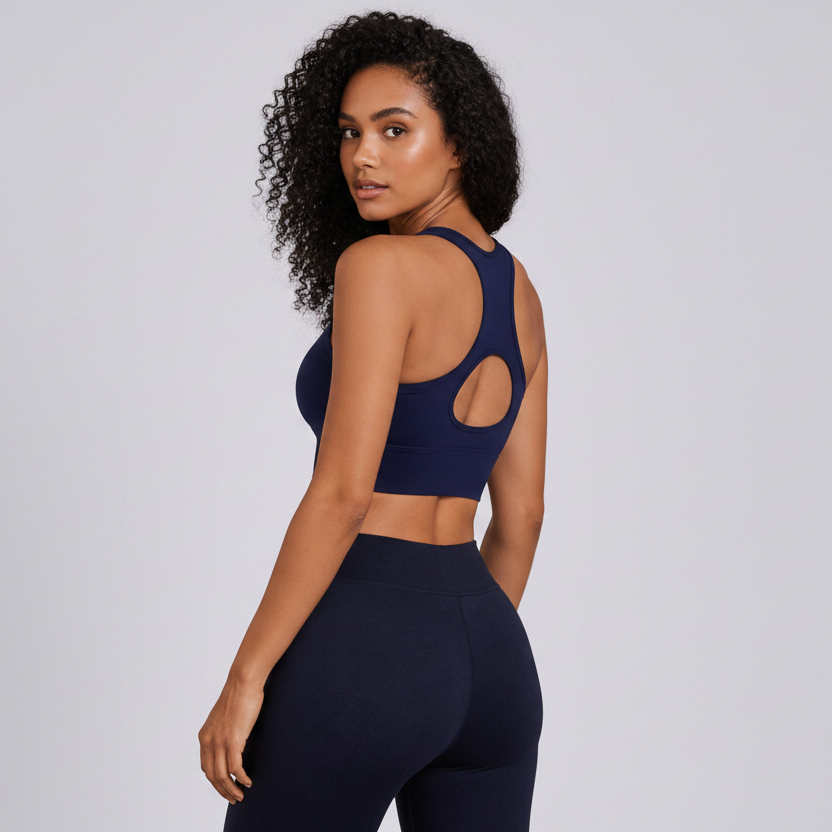 Women’s navy running sports bra rear profile with supportive athletic compression fit - AresFit
