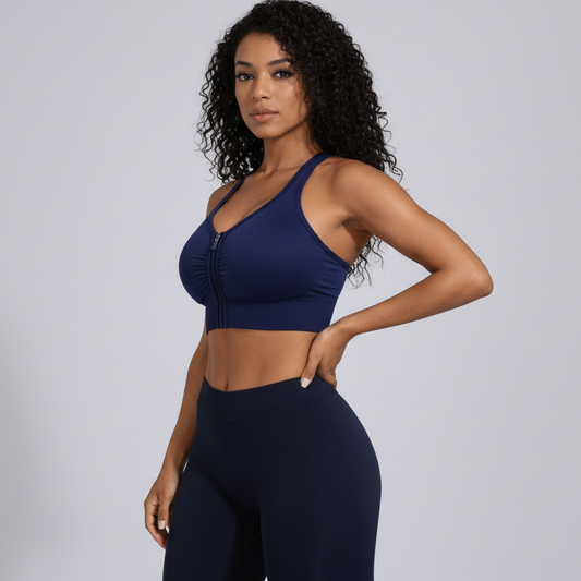 Navy women’s high support gym bra front view with zip front closure for activewear training - AresFit