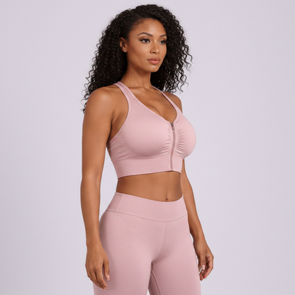 Pink women’s high support sports bra front view for gym workouts, cardio, and activewear - AresFit