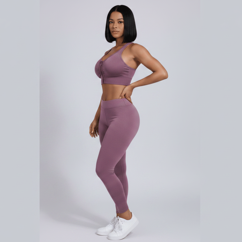 Women’s purple high support gym sports bra front view with zip closure for training and cardio workouts - AresFit