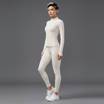 Women’s beige lightweight zip up gym jacket with fitted design - AresFit