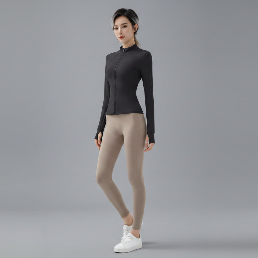 Women’s black zip up workout jacket with slim fit activewear style - AresFit