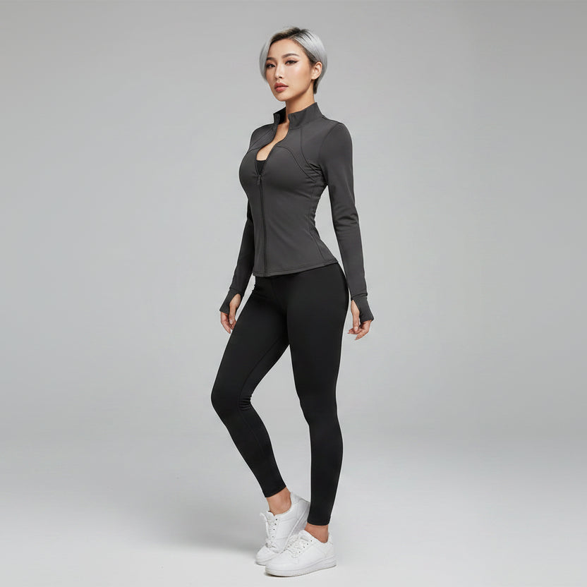 Women’s dark grey running jacket with breathable stretch activewear fit - AresFit