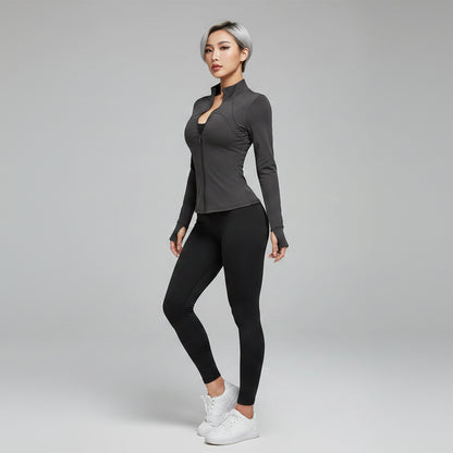 Women’s dark grey running jacket with breathable stretch activewear fit - AresFit
