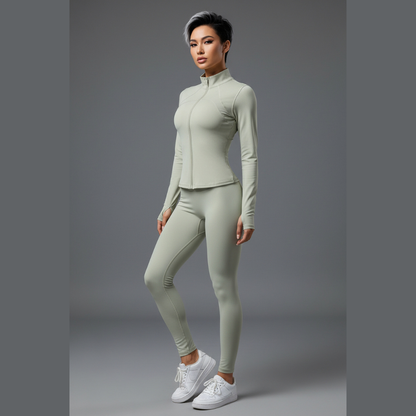 Women’s sage green zip up sports jacket with slim fit workout design - AresFit